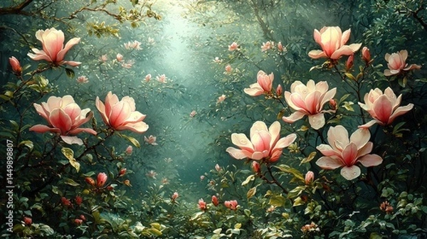 Fototapeta Enchanting magnolia blossoms in a sunlit forest setting