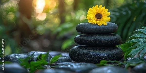 Fototapeta National relaxation day with wellness and spa idea. Stacked stones with a sunflower in a serene setting.