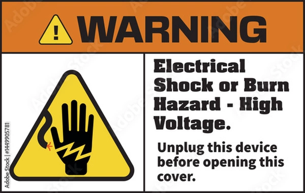 Fototapeta ANSI Warning Label High Voltage Electrical Hazard – Unplug Before Opening (with Symbol)