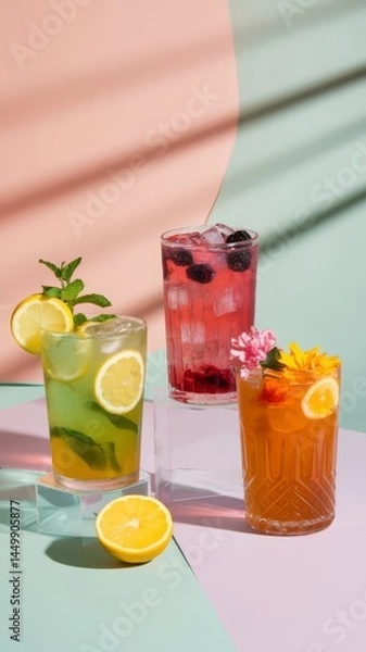 Fototapeta A cold glass of colorful fruit cocktail with fresh lime and mint offers a healthy and refreshing citrus beverage