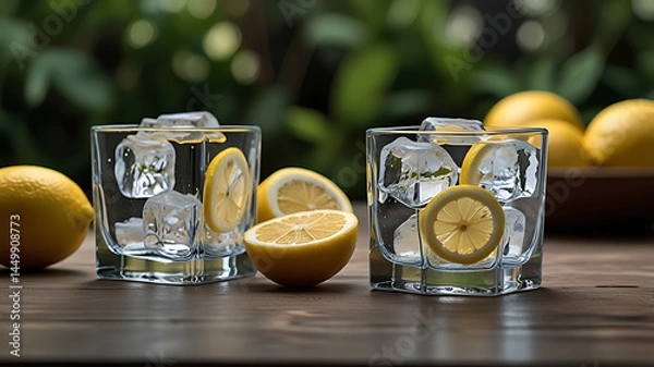 Fototapeta Refreshing Lemon Drinks with Ice and Fresh Lemons

