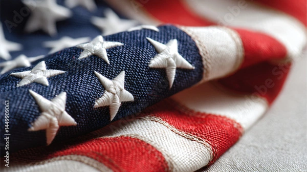 Fototapeta Stars and Stripes Reverie: The iconic American flag, meticulously draped, reveals a close-up view of the embroidered stars and vibrant stripes, capturing the essence of patriotism and national pride.