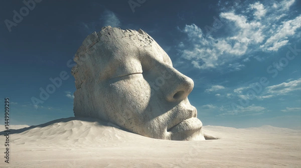 Fototapeta Giant Stone Head:  A massive stone head sculpture lies half buried in the sand, creating a haunting yet captivating landscape image. The eyes are closed.