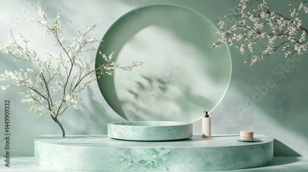 Obraz A green room with a large oval shaped sink and a bottle of lotion. The room is decorated with a lot of greenery, including a tree and some flowers. The overall mood of the room is calm and relaxing