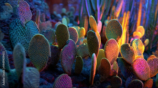 Fototapeta Vibrant Cactus Garden at Night: A captivating close-up shot of a diverse collection of cacti illuminated by vibrant, colorful night lighting, showcasing their unique textures and shapes.