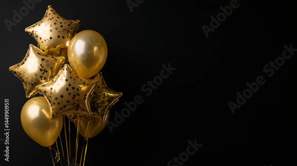 Fototapeta Golden Balloons: A collection of elegant golden balloons and star-shaped foil balloons create a festive atmosphere. A perfect photo for any celebration! 