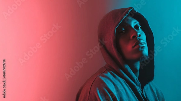 Fototapeta Youthful Introspection: A young man, enveloped in a hooded sweatshirt, gazes pensively into the distance, illuminated by a dramatic interplay of pink and teal lighting.