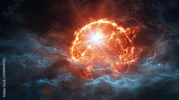 Fototapeta Celestial Inferno: Witness the raw power of a stellar explosion, an incandescent burst of energy that illuminates the cosmos, showcasing the untamed beauty and mystery of the universe.