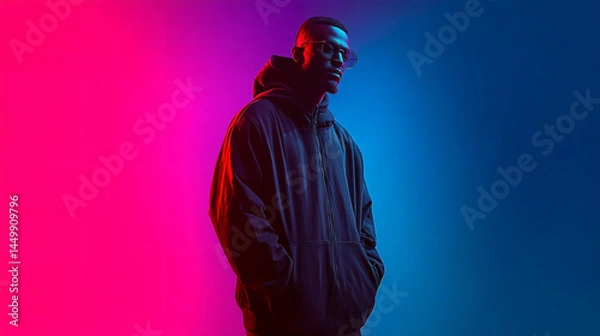Fototapeta Neon Lit Silhouette: A stylish individual, illuminated by vibrant neon colors, casts a striking silhouette against a dynamic backdrop. conveying a sense of urban cool and modern aesthetic.