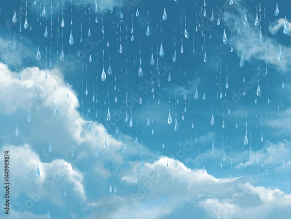 Fototapeta Rain Shower: An artistic depiction of rain falling from a sky filled with fluffy white clouds, creating a serene and calming ambiance.