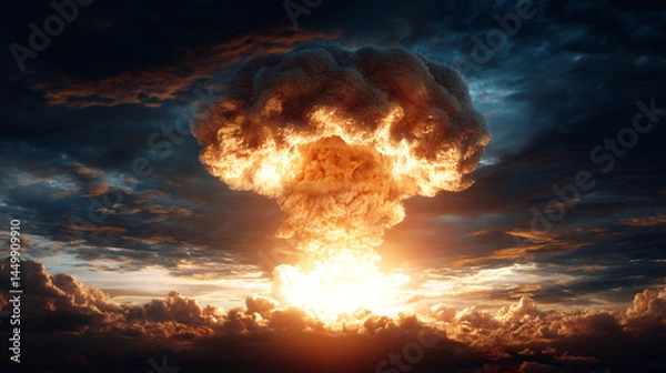 Fototapeta Apocalyptic Blast: Captivating the awe-inspiring power of a nuclear explosion against a dramatic, cloudy sky. 