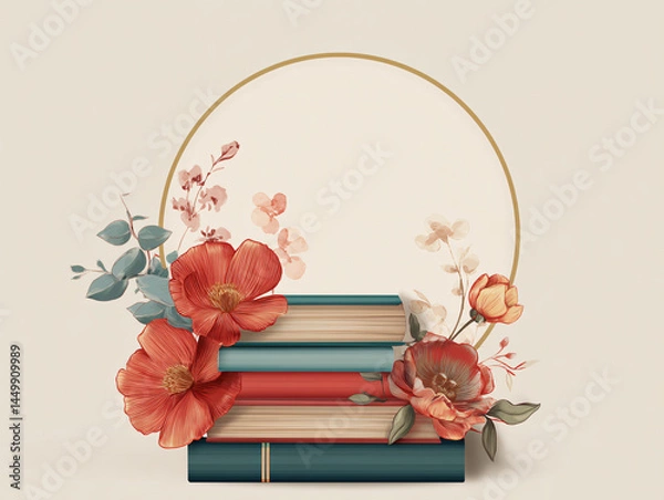 Fototapeta Bookish Blooms: Stack of literary treasures adorned with vibrant blossoms and golden ring frame, a whimsical composition to ignite the imagination.