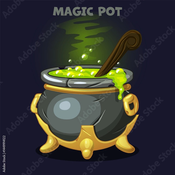 Fototapeta Cartoon pot with Magic potion. Spooky witch caldron with green magic soup in cartoon style isolated. Ui asset, lab game, witchcraft object
