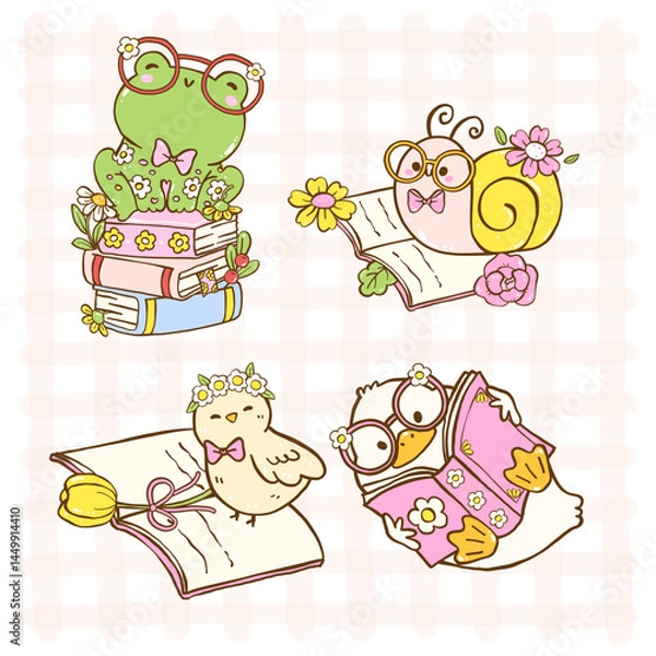 Obraz Bookish Spring Animal Reading Cute Cartoon Doodle Illustration with Happy Smile set