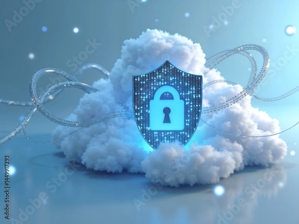 Fototapeta Cloud security illustration with lock icon floating in digital cloud. Generative AI