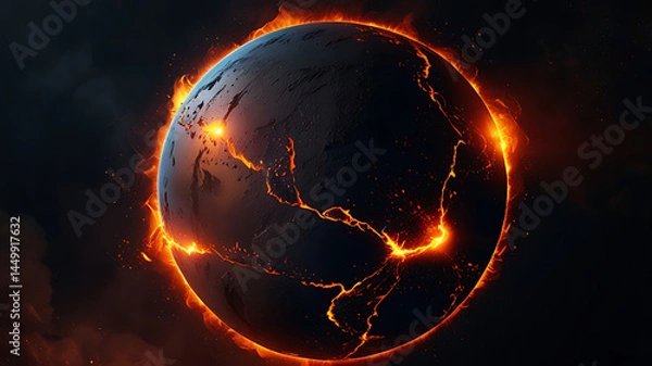Fototapeta Glowing Lava Cracks on Dark Molten Planet in Destructive Setting

