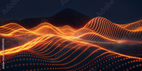 Fototapeta A computer generated image showcasing a stunning mountain landscape, enhanced by glowing lines with particles that illuminate the scenery. Network and worldwide connection concept.