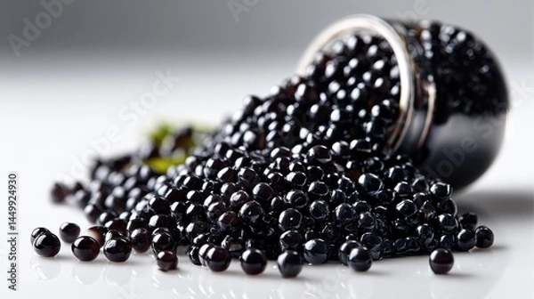 Fototapeta Pure white background with a small pile of black caviar, glistening pearls catch the light in a clean, modern style
