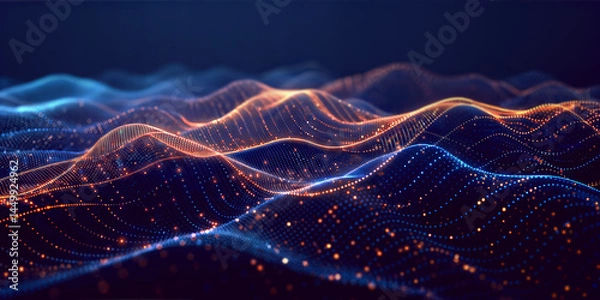 Fototapeta Flow of particles. Cyber technology illustration. An abstract futuristic background with a glowing wave of dots on a black background.