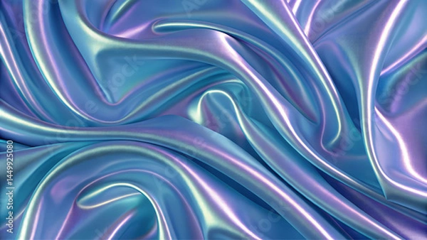 Fototapeta A close up view of a beautiful blue and purple metallic fabric that displays vibrant colors and intricate patterns. Wavy surface with swirls