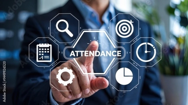 Fototapeta Businessman interacts with an attendance management interface.