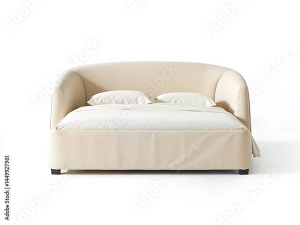 Obraz Compact sofa bed with pillows in cream color isolated on white. Generative AI