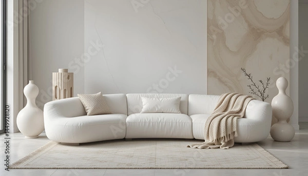 Fototapeta Modern minimalist lounge with an elegant white curvilinear sofa, paired with abstract ceramic sculptures and tactile throw blankets in creamy tones, creating a serene yet sophisticated atmosphere with