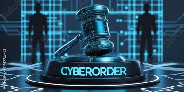Obraz Digital gavel with text "CYBERORDER" representing cyber law and justice in a futuristic setting with silhouettes and circuit patterns