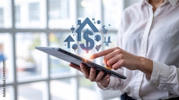 Fototapeta Close-up of a person interacting with a digital tablet displaying housing investment concepts.