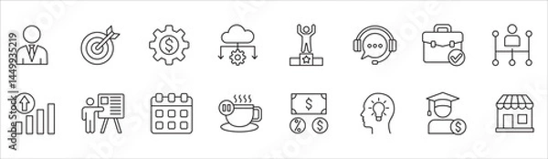 Fototapeta Business and management icon set. Contains symbol of businessman, target, finance, financial, success, data, customer service, work, money, store, shop, meeting, education, idea. Vector illustration