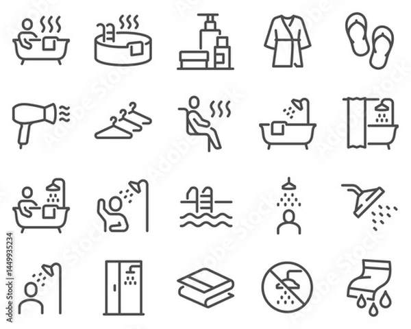 Fototapeta Simple Set of Showering and Bathing Related Vector Line Icons. Contains such Icons as Shower Cabin, Wet Towels, Hot tube and more.