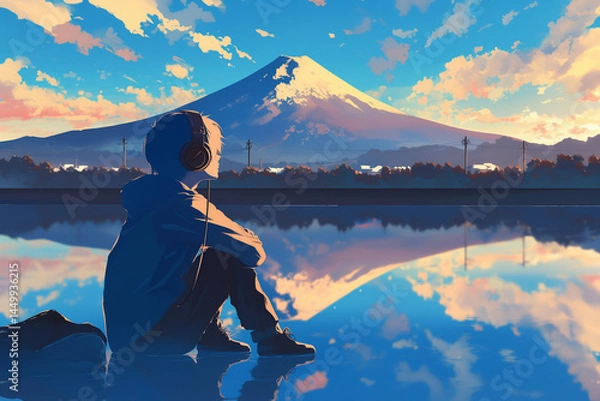 Fototapeta 湖の前で富士山を見つめる少年

