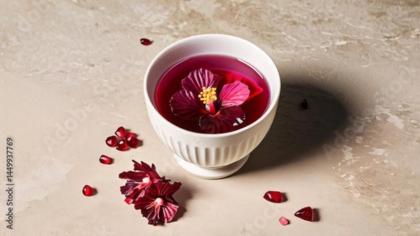 Obraz Close-up of hibiscus tea with ginkgo biloba infusion in matte white cup, pomegranate seeds, rich magenta tones, cognitive longevity, brain health, mental clarity focus