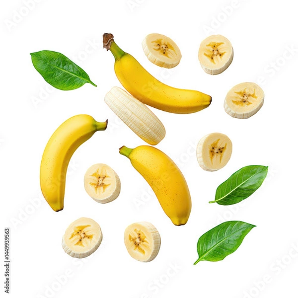Fototapeta Delicious banana slices flying isolated