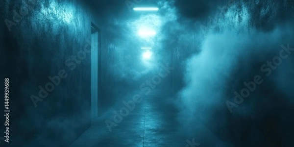 Fototapeta Atmospheric corridor shrouded in fog with glowing lights illuminating the path ahead