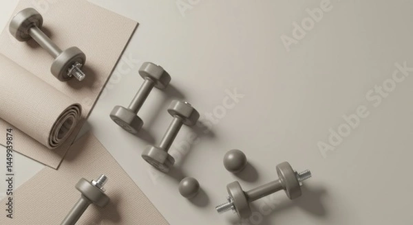 Fototapeta Minimalist Flat Lay of Dumbbells and Yoga Mats