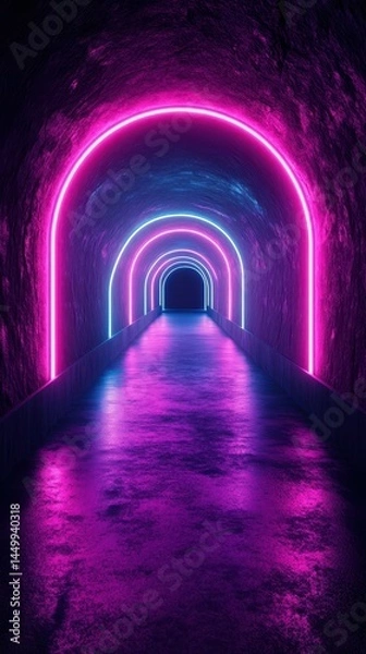 Fototapeta Neon lights illuminate a dark tunnel creating an inviting atmosphere for exploration at night