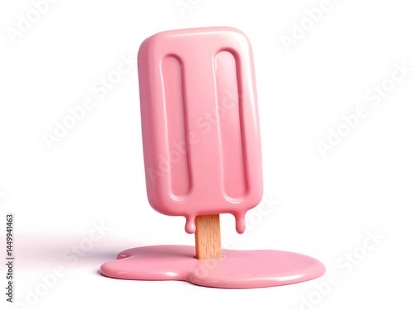 Obraz 3D melting pink ice cream popsicle standing upright on white background. Generative AI