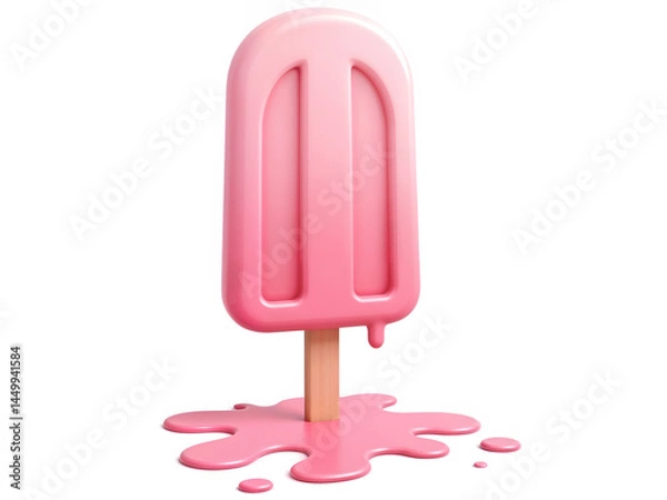 Obraz 3D melting pink ice cream popsicle standing upright on white background. Generative AI
