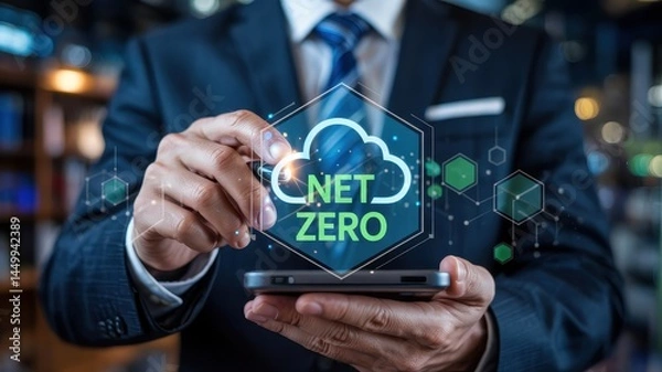 Fototapeta Businessperson interacting with a net zero cloud graphic.