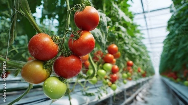 Fototapeta Ripe red tomatoes growing on the vine in a greenhouse.  A bountiful harvest in the making.