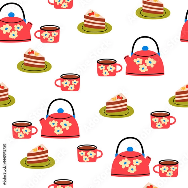 Fototapeta Seamless pattern with teapot, mug and delicious cake. Warm morning beverage, teatime. Flat graphic tea vector illustration on a white background. 
