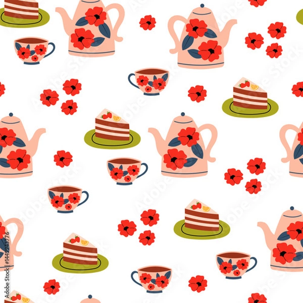 Fototapeta Seamless pattern with teapot, mug, flowers and delicious cake. Warm morning beverage, teatime. Flat graphic tea vector illustration on a white background. 