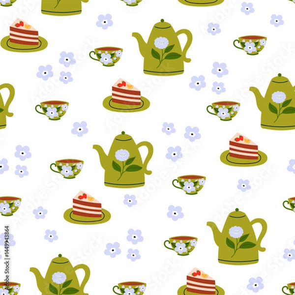 Fototapeta Seamless pattern with teapot, mug, flowers and delicious cake. Warm morning beverage, teatime. Flat graphic tea vector illustration on a white background. 