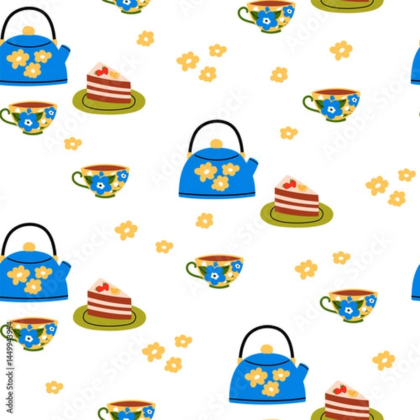 Fototapeta Seamless pattern with teapot, mug and delicious cake. Warm morning beverage, teatime. Flat graphic tea vector illustration on a white background. 