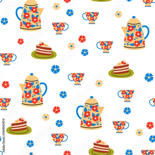 Fototapeta Seamless pattern with teapot, mug, flowers and delicious cake. Warm morning beverage, teatime. Flat graphic tea vector illustration on a white background. 