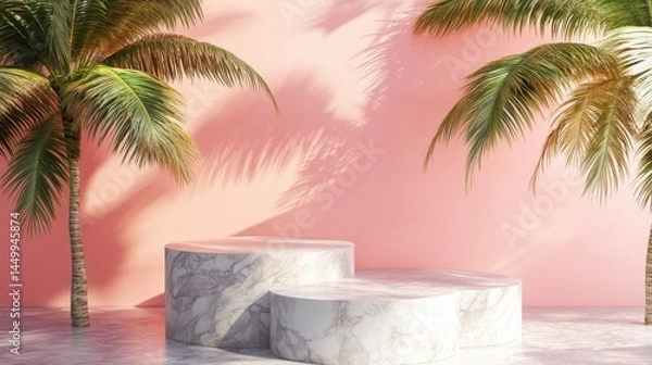 Obraz A 4K photo of 3d podium with copy space for product display presentation on palm beach abstract background. Tropical summer and vacation concept.