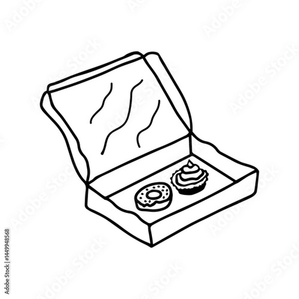 Fototapeta Hand drawn doodle open cardboard box with a donut and cupcake inside. Isolated on white background