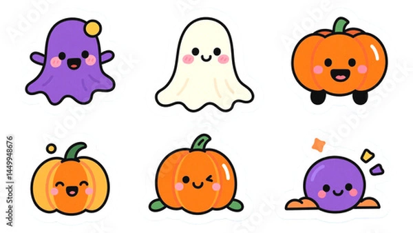 Obraz Adorable Halloween Kawaii Characters Ghost, Pumpkin, and Purple Creature Illustrations