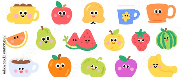 Fototapeta Cute Cartoon Fruits and Drinks Illustrations A Collection of Happy Food Characters